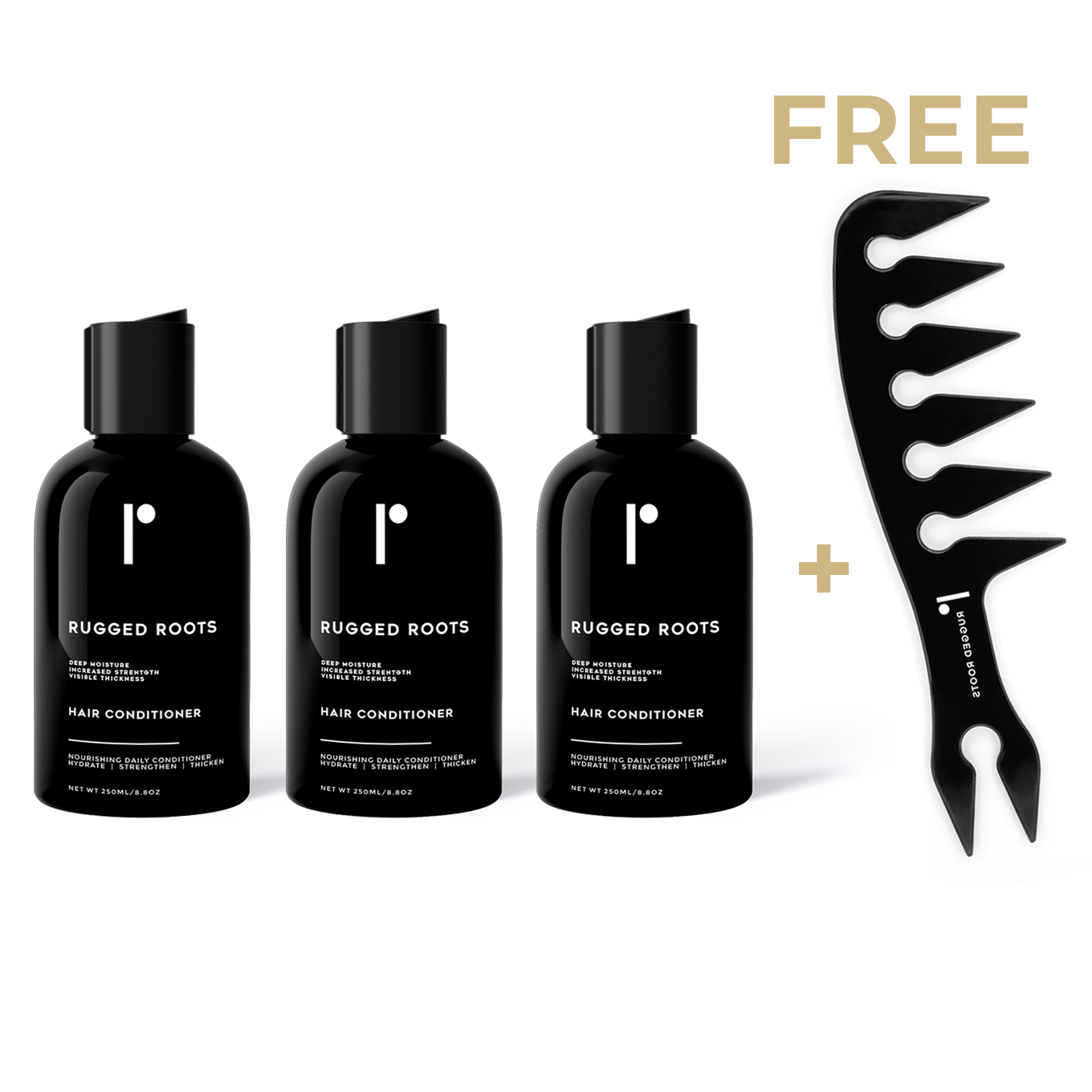 Rugged Roots Thickening Hair Conditioner three pack with free comb