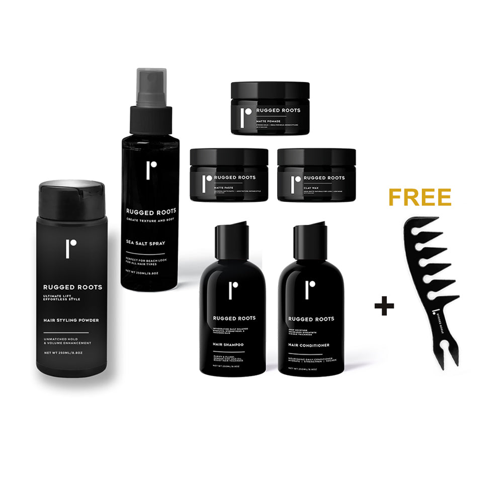 Rugged Roots Ultimate Hair Styling Kit with Sea Salt Spray, Styling Powder, Clay Wax, Matte Pomade, Matte Paste, Thickening Shampoo, Thickening Conditioner, and Free Comb